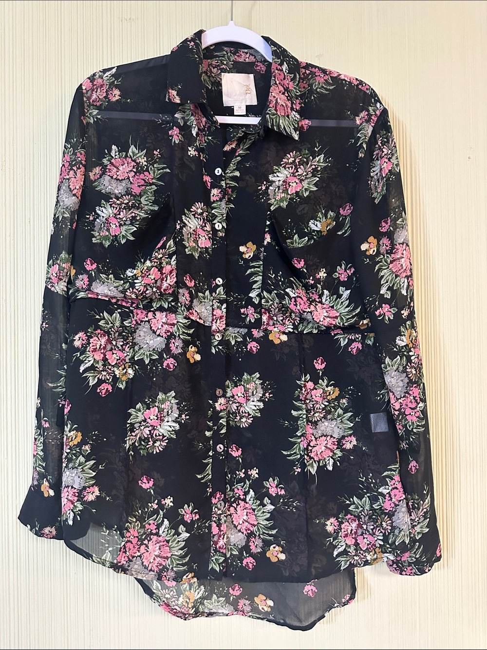 Line & Dot Black Sheer Floral Button Blouse
